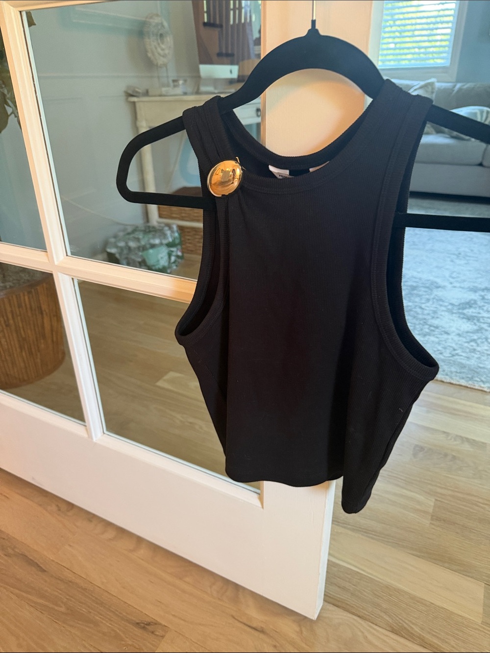 Primark Black Ribbed Tank Top with Gold Button Accent
